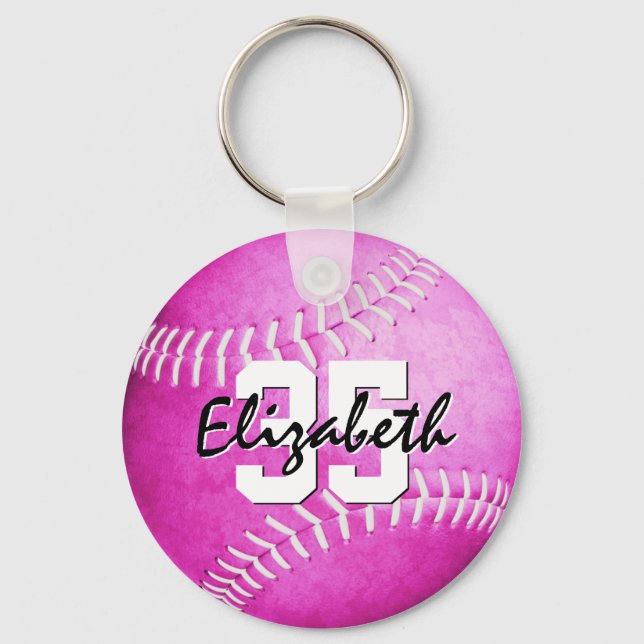 custom name jersey number girls pink softball keychain (Front)