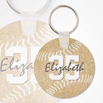 Custom Name Jersey Number Girly Gold Softball Keychain by katz_d_zynes at Zazzle