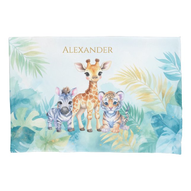 Custom Name Jungle Baby Zebra Giraffe and Tiger Pillow Case (Front)