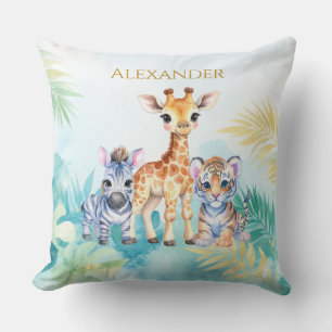 Custom Name Jungle Baby Zebra Giraffe and Tiger Throw Pillow