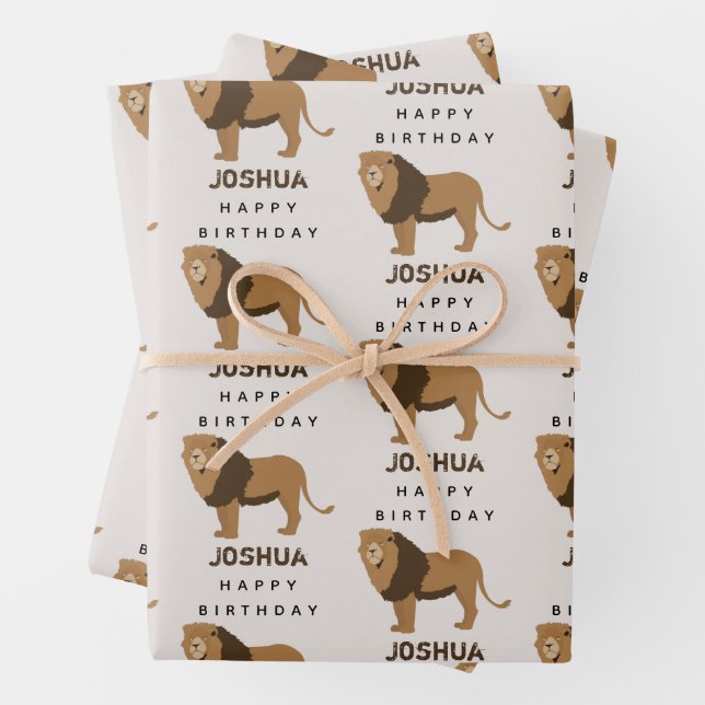 Custom Name Jungle Lion Animal Birthday Wrapping Paper Sheets (In situ)