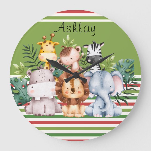 Custom Name Jungle Safari Animals Round Clock (Front)