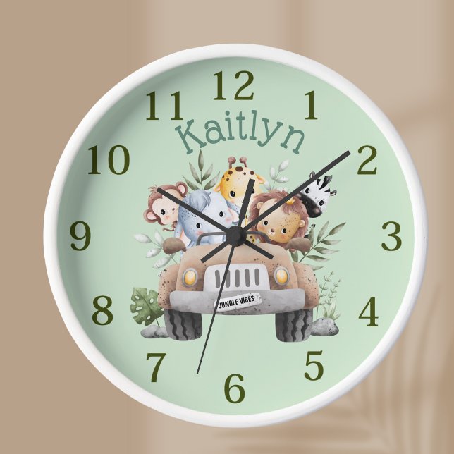 Custom Name Jungle Safari Animals Round Clock (Creator Uploaded)