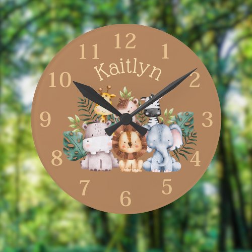 Custom Name Jungle Safari Animals Round Clock