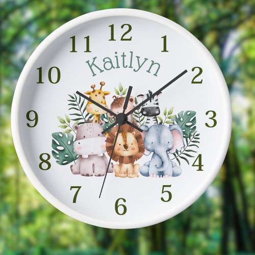 Custom Name Jungle Safari Animals Round Clock