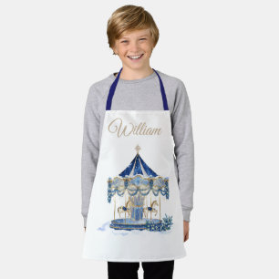 Custom Name Kids Apron Blue Glitter Carousel