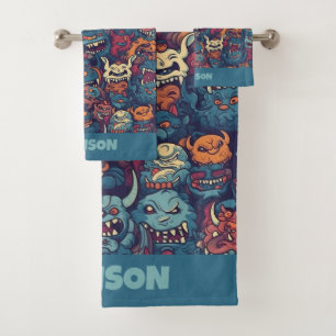 Custom Name Kids' Monster Pattern Bath Towel Set