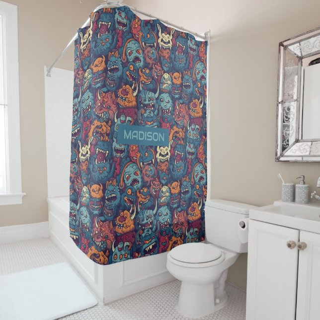 Custom Name Kids' Monster Pattern Shower Curtain (In Situ)