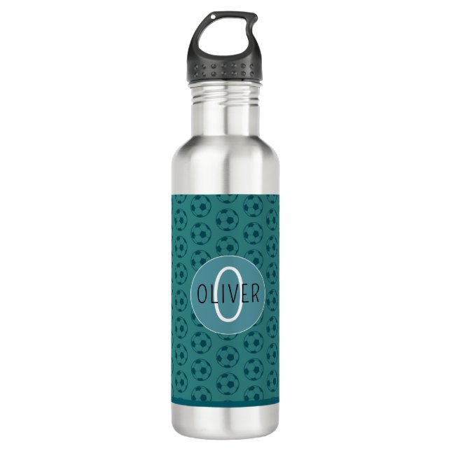 Custom Name Kids Soccer Ball Blue Stainless Steel Water Bottle (Front)