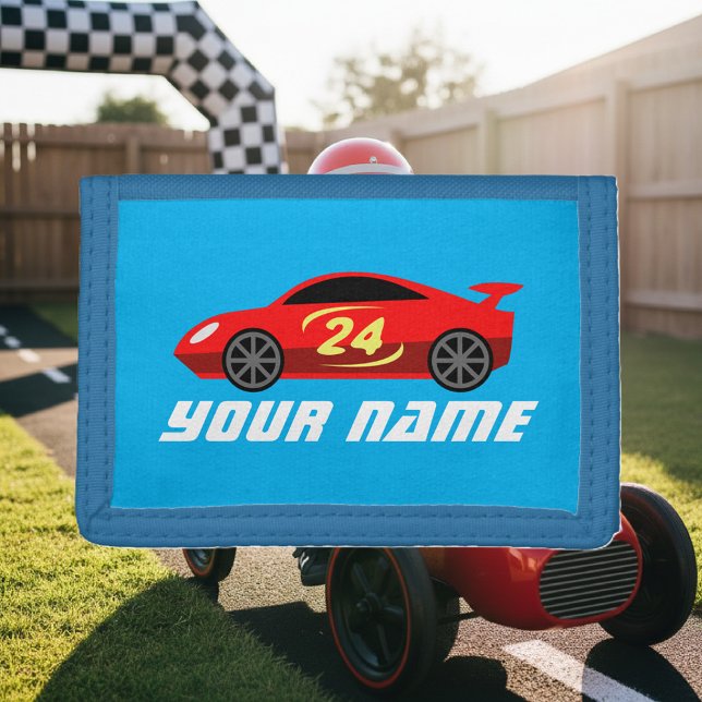 Custom name kid's wallet with toy racecar design (race car kid's wallet)