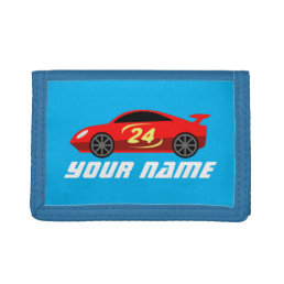 Custom name kid&#39;s wallet with toy racecar design