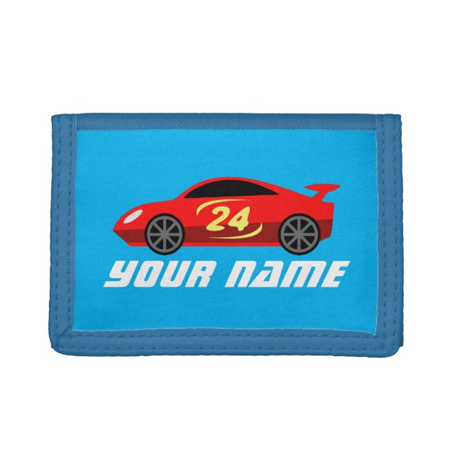 Custom name kid's wallet with toy racecar design (Front)