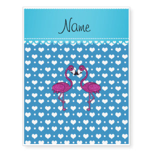 Custom name kissing flamingo blue hearts temporary tattoos