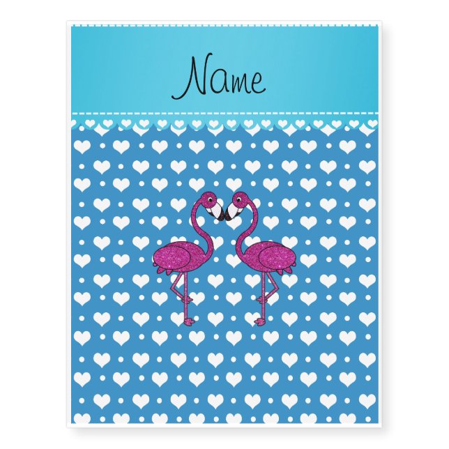 Custom name kissing flamingo blue hearts temporary tattoos (Front)