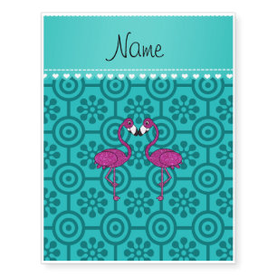 Custom name kissing flamingo turquoise flowers temporary tattoos