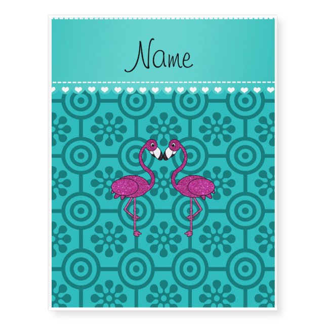 Custom name kissing flamingo turquoise flowers temporary tattoos (Front)