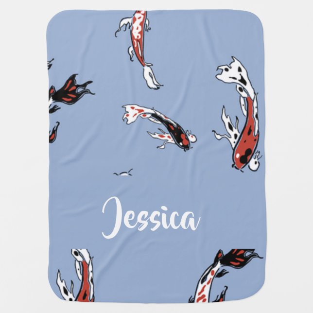 Custom name koi fish blue baby blanket (Front)