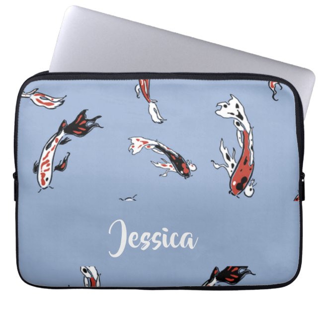 Custom name koi fish blue laptop sleeve (Front)