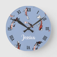 Custom name koi fish blue round clock