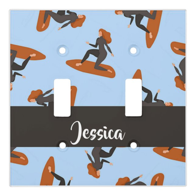 Custom name lady surfing the waves light switch cover (Front)