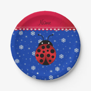 Custom name ladybug blue snowflakes red stripe paper plates