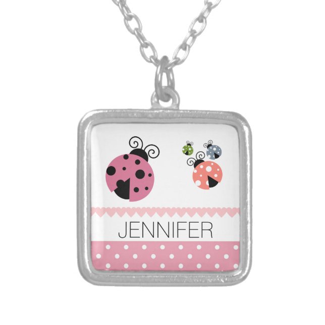 Custom name Ladybug Pink Polka Dot Silver Plated Necklace (Front)