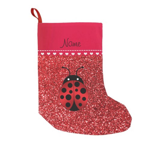 Custom name ladybug red glitter red stripe small christmas stocking