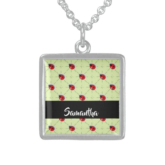 Custom name ladybugs pattern sterling silver necklace (Front)