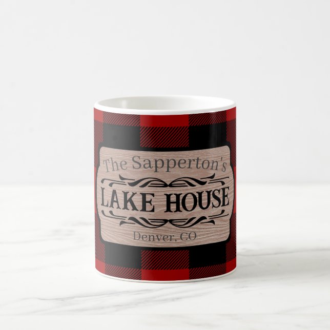 Custom Name Lake House Rustic Plaid Coffee Mug (Center)