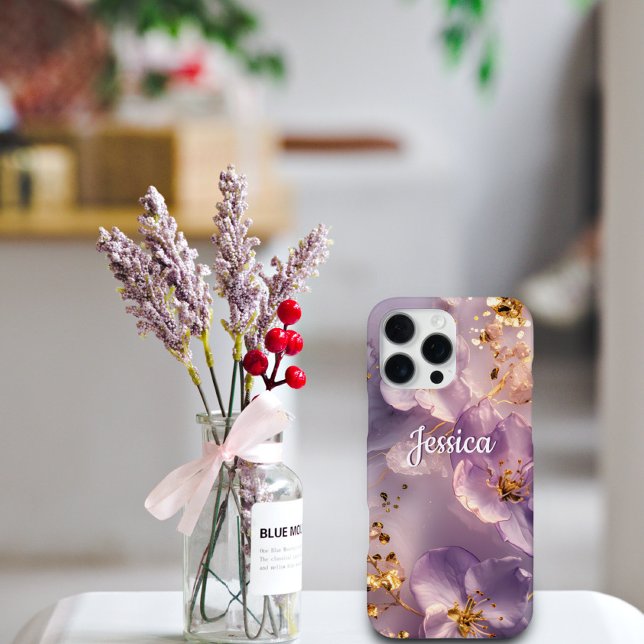 Custom Name Lavender Floral Gold Personalized  iPhone Case (Creator Uploaded)