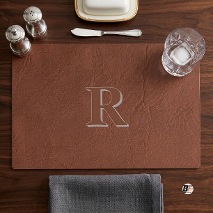 Custom Name Leather Texture Monogram Brown Placemat