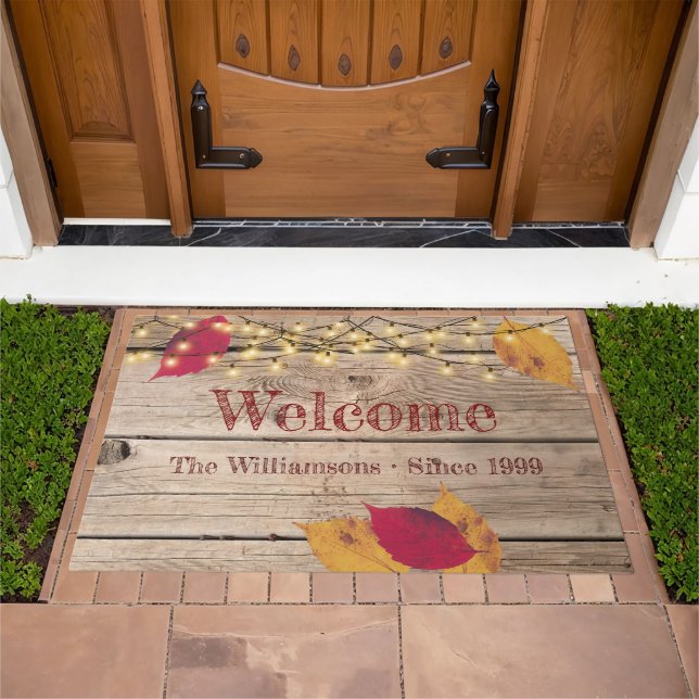 Custom Name Leaves String Lights Welcome Rustic Doormat (Outdoor)