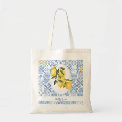 Custom name lemon on blue tiles Italian inspired Tote Bag