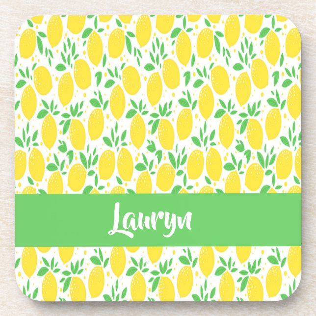 Custom name lemon pattern beverage coaster (Front)