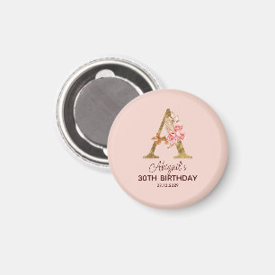 Custom Name Letter A Gold Blush Pink Roses Magnet