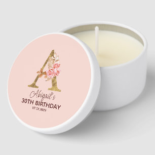 Custom Name Letter A Gold Blush Pink Roses Mini Candle Favors