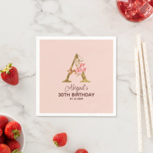 Custom Name Letter A Gold Blush Pink Roses Napkins