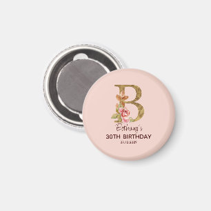 Custom Name Letter B Gold Blush Pink Roses Magnet