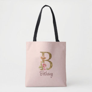Custom Name Letter B Gold Foil Blush Pink Roses Tote Bag