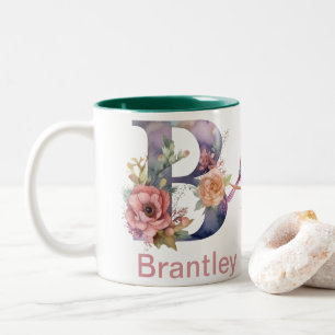 Custom Name Letter B Monogram Floral Bird Designed Two-Tone Coffee Mug
