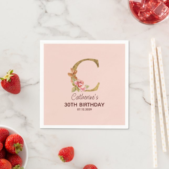 Custom Name Letter C Gold Blush Pink Roses Napkins (Insitu)