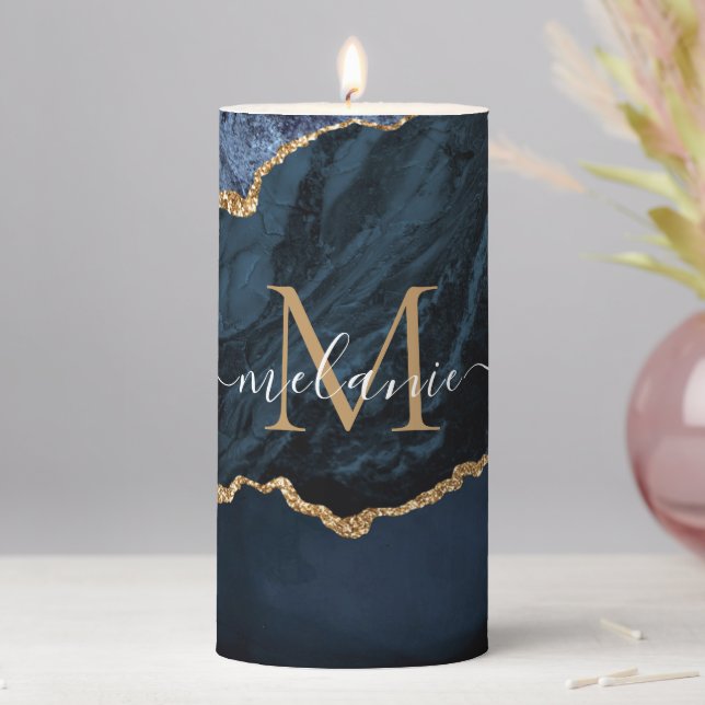 Custom Name Letter Candle Agate Blue Gold Marble (In Situ)