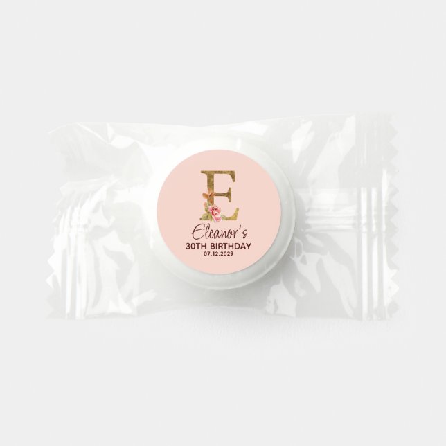Custom Name Letter E Gold Blush Pink Roses Life Saver® Mints (Front)