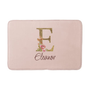 Custom Name Letter E Gold Foil Blush Pink Roses Bath Mat