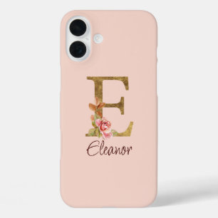 Custom Name Letter E Gold Foil Blush Pink Roses iPhone 16 Plus Case