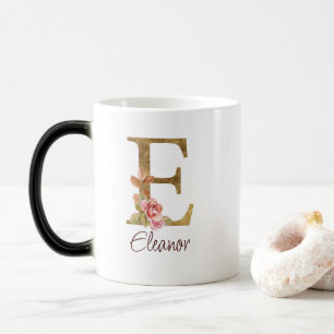 Custom Name Letter E Gold Foil Blush Pink Roses Color Morph Mug