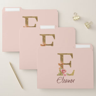 Custom Name Letter E Gold Foil Blush Pink Roses File Folder