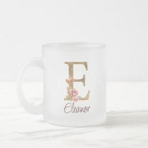 Custom Name Letter E Gold Foil Blush Pink Roses Frosted Glass Coffee Mug