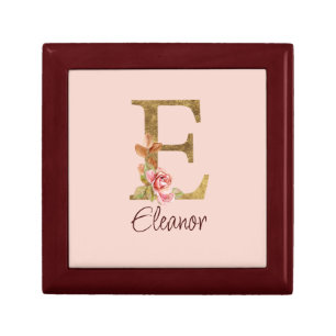 Custom Name Letter E Gold Foil Blush Pink Roses Gift Box