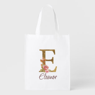 Custom Name Letter E Gold Foil Blush Pink Roses Grocery Bag